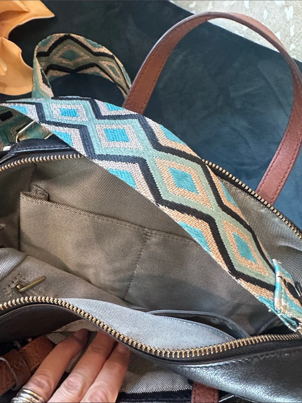 Black Leather Satchel with Detachable Patterned Strap
